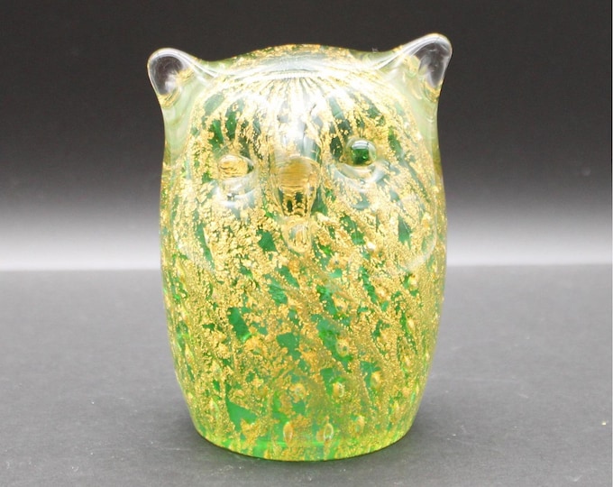 Appraised Vintage Murano Glass Owl Paperweight Green 24k Gold Leaf MCM
