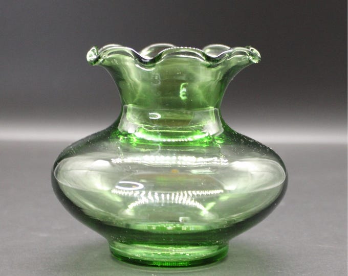 Vintage Anchor Hocking Green Bud Vase with Ruffled Edge