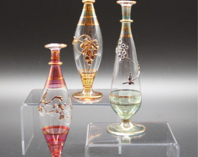 Vintage Egyptian Hand Blown Glass Perfume Bottles Gold Embellishments