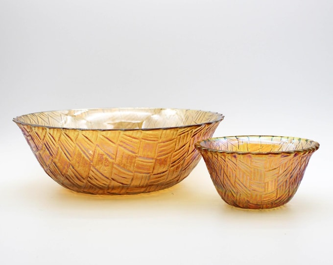 Vintage Indiana Glass Weavetex Basketweave Marigold Carnival Glass Chip Dip Set