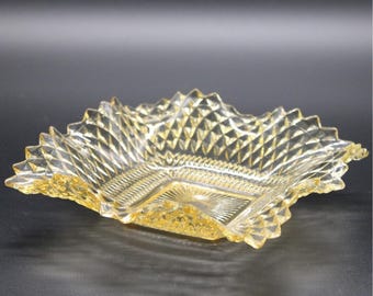 Vintage Indiana Glass Company Yellow Amber Square Candy Dish