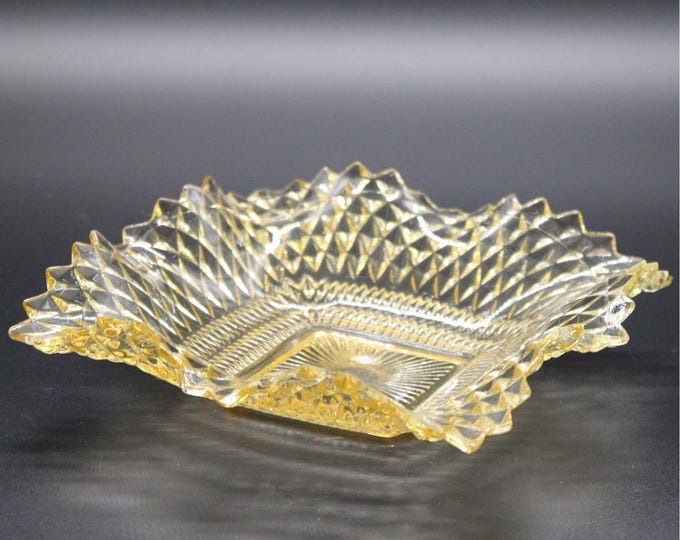 Vintage Indiana Glass Company Yellow Amber Square Candy Dish