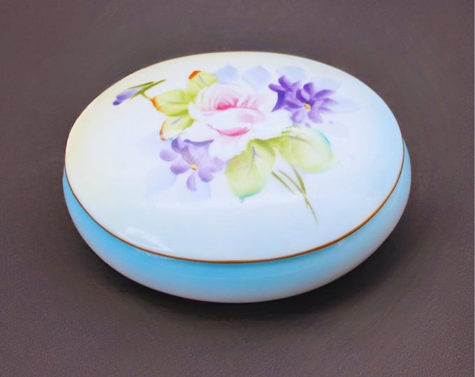 Vintage Lefton Porcelain Trinket Box Hand Painted Pink Roses on Blue Powder Dish