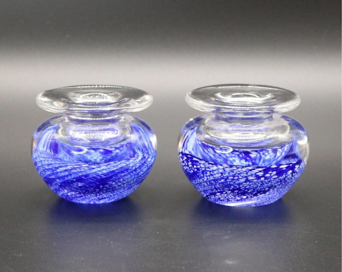 Pair of Hand Blown Glass Taper Candle Holders Cobalt Blue