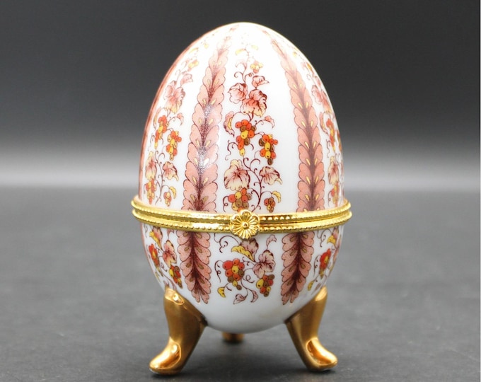Vintage Footed Porcelain Egg Hinged Trinket Box Burnt Orange Floral Gold Trim 4"