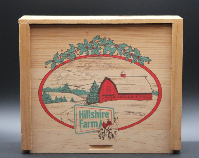 Vintage Hillshire Farm Wooden Crate Sliding Lid Christmas Holiday Edition
