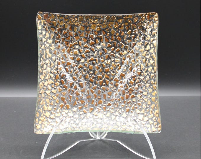 Vintage Mid Century Modern Textured Gold Foil Mosaic Glass Square Vanity Tray