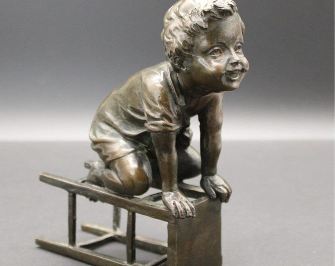 Antique Juan Clara Bronze Sculpture Boy Kneeling on Stool Solid and Signed Item