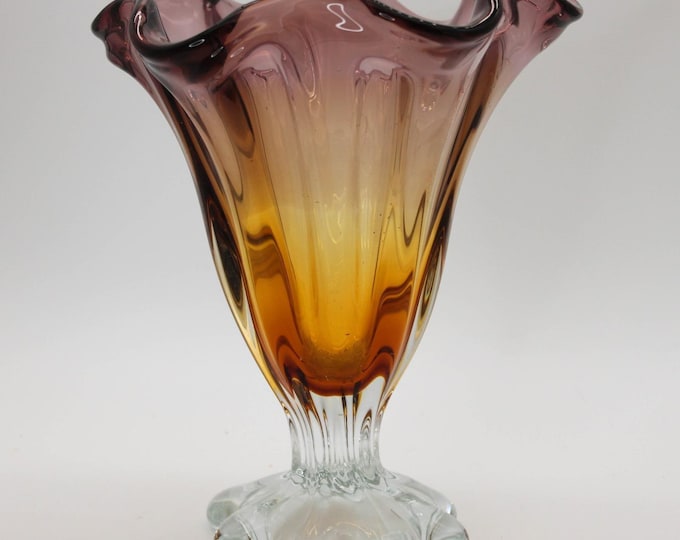 Vintage Murano Style Art Glass Vase Amber Purple Amethyst Ruffled Rim Hand Blown