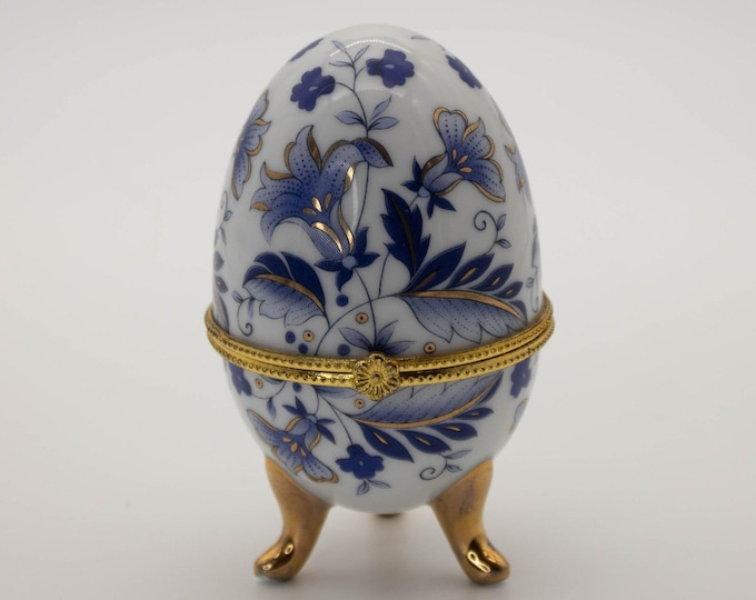 Vintage Porcelain Egg Trinket Box Blue and White Floral Gold Trim Hinged 4"