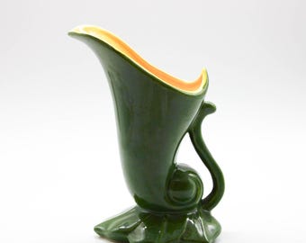 VINTAGE Red Wing Pottery Cornucopia Vase #1356 Green with Yellow Inside