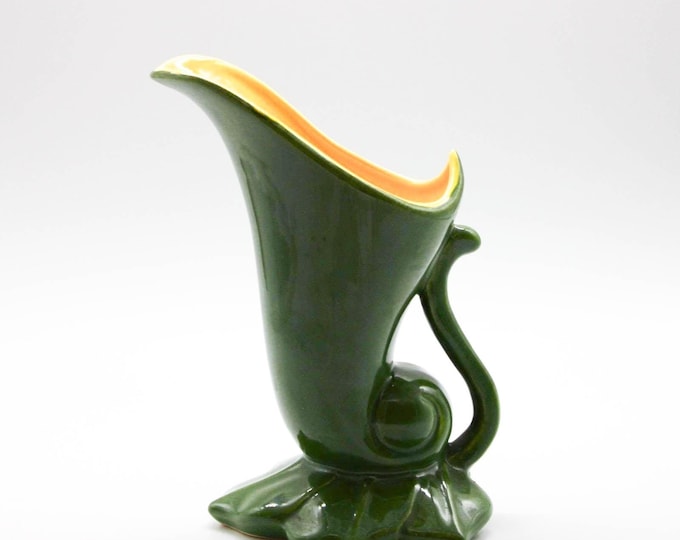 VINTAGE Red Wing Pottery Cornucopia Vase #1356 Green with Yellow Inside