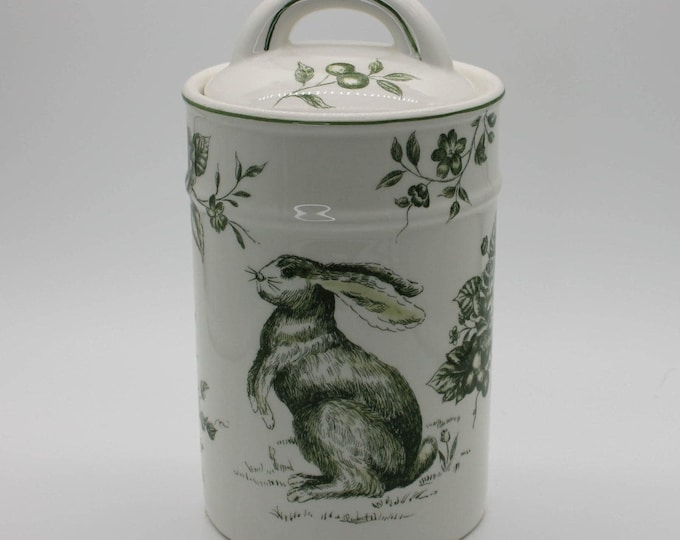 Green and White Toile Bunny Ceramic 7" Storage Jar Canister With Lid
