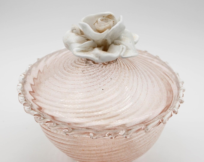 Vintage Pink Art Glass Candy Dish Swirl Lidded Bowl White Rose Flower Finial
