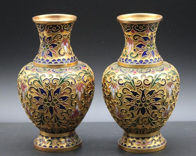 Vintage Chinese Cloisonne Vase 6" Multicolor Floral Enamel Gilt Brass on Enamel