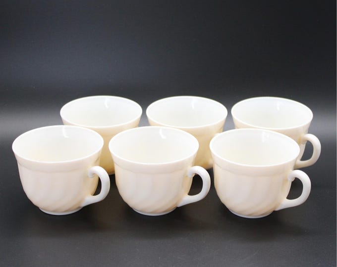 Set of Six Vintage Arcopal France Opal Milk Glass Swirl Teacups
