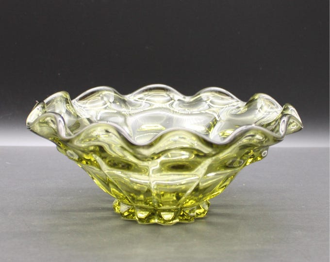 Vintage Fenton Colonial Green Thumbprint Bowl Ruffled Edge Art Glass MCM