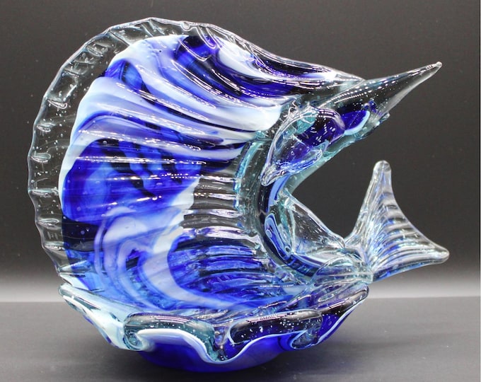 Vintage Hand Blown Glass Marlin Swordfish Ashtray Compote Dish Blue and White