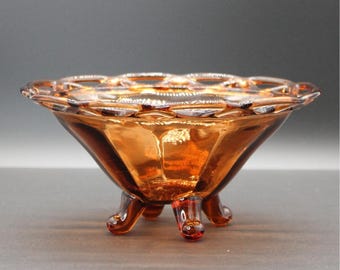 Imperial Glass Company Mid-Century Vintage Honey Amber Footed Open Lace Dish