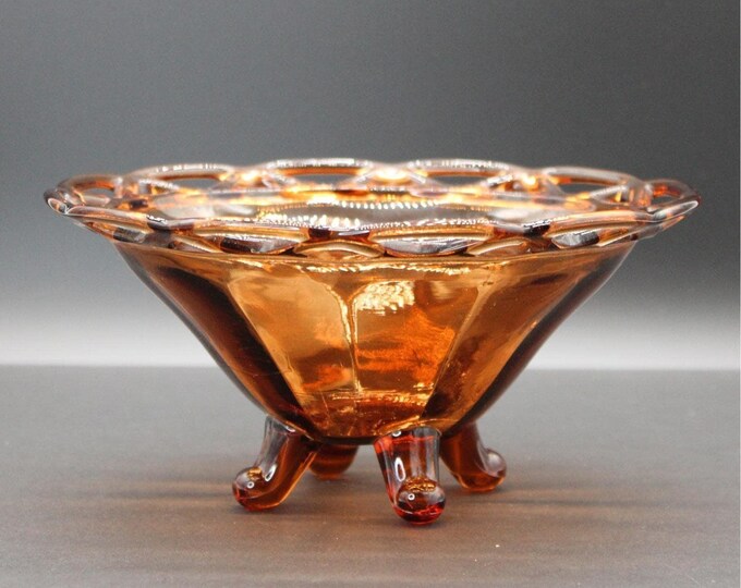 Imperial Glass Company Mid-Century Vintage Honey Amber Footed Open Lace Dish