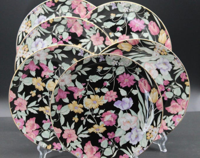 Vintage Bloomingdale's Garden Pleasures Salad Plates Black Floral Japan Set of 6