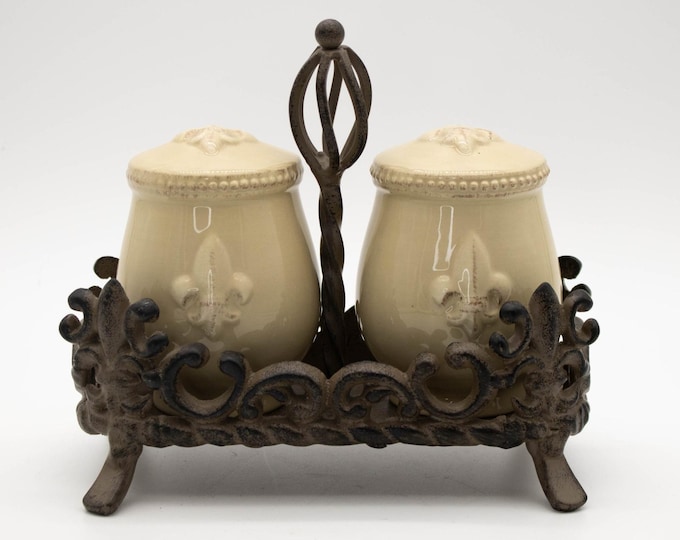 Artimino Fleur De Lis Cream Ivory Salt and Pepper Shakers Set Metal Caddy