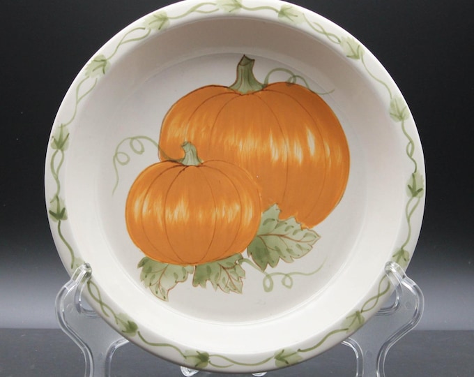 Vintage Williams Sonoma Pumpkin Pie Dish Laurie Gates Hand Painted Ceramic 10"