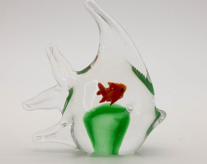 Murano Style Glass Fish Figurine Paperweight Clear Green Red Aquarium Scene