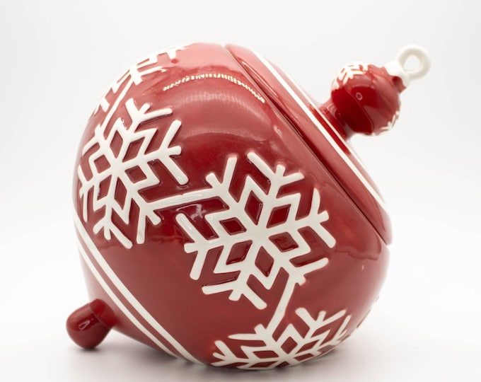 Real Home Christmas Ornament Cookie Jar Red Ceramic Raised White Snowflakes Lid