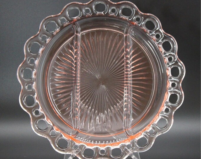 Vintage Anchor Hocking Old Colony Pink Depression Glass Relish Dish Lace Edge
