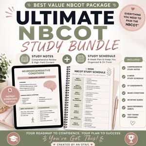 May include: A digital study bundle for the NBCOT exam featuring a tablet displaying neurodegenerative conditions, an 8-week spiral-bound study schedule, and a list of included materials like study notes, OT assessments, and test-taking strategies.