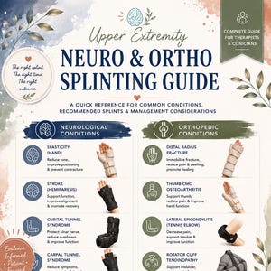 May include: An educational poster titled Upper Extremity Neuro & Ortho Splinting Guide. It features two columns detailing neurological and orthopedic conditions with corresponding splint images, clinical descriptions, and a summary of benefits.