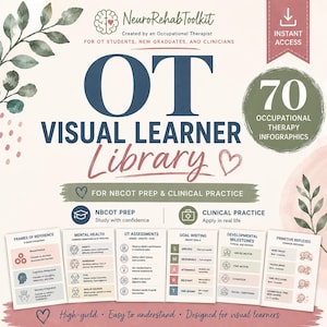 May include: A digital educational resource titled OT Visual Learner Library featuring 70 occupational therapy infographics. The document includes sections on frames of reference, mental health, assessments, goal writing, milestones, and reflexes.