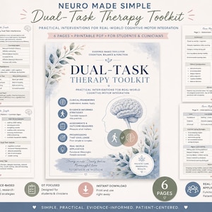 Może przedstawiać: Plik PDF do wydruku zatytułowany "Dual-Task Therapy Toolkit" z praktycznymi interwencjami dla integracji poznawczo-ruchowej. Projekt zawiera ilustrację mózgu, kwiatowe akcenty i tekst "6 stron". Jest przeznaczony dla studentów i klinicystów.