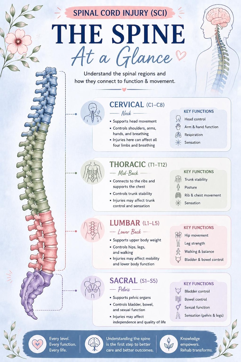 May include: Anatomy diagram of the human spine, color-coded to show the cervical, thoracic, lumbar, and sacral regions. The image includes text explaining spinal cord injuries and the functions of each spinal area.