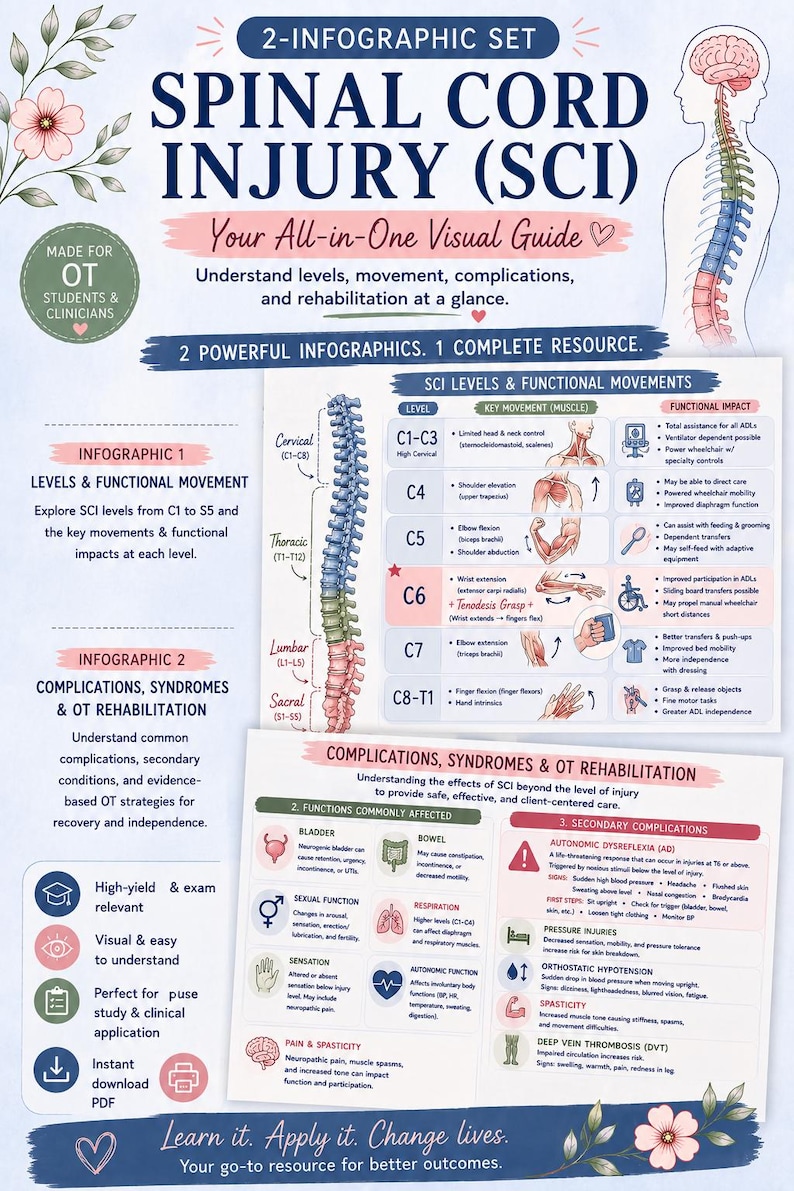May include: An infographic about spinal cord injury (SCI) with detailed information on levels, movements, complications, and rehabilitation. Includes diagrams, charts, and text, perfect for students and clinicians.