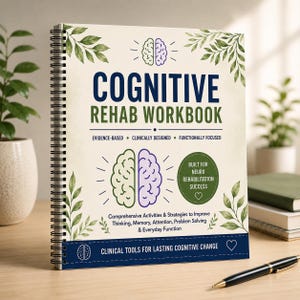May include: A spiral-bound workbook titled "Cognitive Rehab Workbook" with a cream-colored cover. The cover features illustrations of brains, leaves, and text in navy blue and green. The book promises clinical tools for lasting cognitive change.