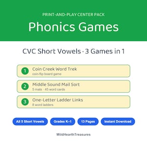 以下が含まれることがあります： 「Phonics Games CVC Short Vowels 3 Games in 1」と題された印刷して遊ぶフォニックスゲームパック。Coin Creek Word Trek、Middle Sound Mail Sort、One-Letter Ladder Linksが、マット、カード、ラダーの詳細とともに記載されており、WildHearthTreasuresのロゴも含まれています。