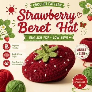 Puede incluir: Un patrón de ganchillo para una boina de fresa, que presenta una boina roja con semillas blancas bordadas y un tallo verde. El texto dice Strawberry Beret Hat, English PDF - Low Sew, Beginner Friendly, Quick & Easy Project, Adult Size.