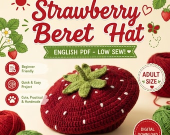Strawberry Beret Hat Crochet Pattern PDF, Adult Size Fruity Beret, Beginner Friendly Low Sew Hat, Digital Download