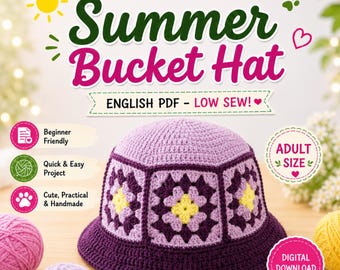 Puede incluir: Un patrón de ganchillo para un sombrero de pescador de verano en formato PDF en inglés. El sombrero presenta un diseño de cuadrados granny en morado, lavanda y amarillo. El texto incluye 'Summer Bucket Hat', 'Beginner Friendly' y 'Adult Size'.
