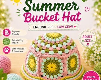 Puede incluir: Un sombrero de pescador de ganchillo con un patrón de cuadrados de la abuela en tonos rosa, azul claro, verde oliva y amarillo. El texto en la imagen dice: Crochet Pattern Summer Bucket Hat, English PDF - Low Sew, Beginner Friendly, Adult Size.