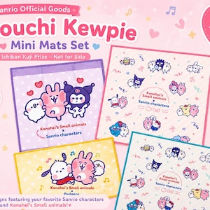 以下が含まれることがあります： Sanrioキャラクターとカナヘイの小動物が描かれたGotouchi Kewpieミニマット4枚セット。マットにはクロミやポチャッコなどのキャラクターのカラフルなイラストが描かれており、Kanahei's Small animals x Sanrio charactersという文字が星やハートが散りばめられた薄いピンクの背景に配置されています。