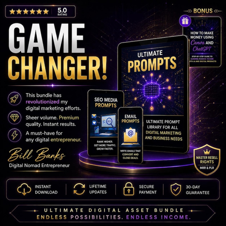 May include: Digital marketing bundle with the text "GAME CHANGER!" and "ULTIMATE PROMPTS." Includes a tablet and two smartphones displaying digital marketing content. Features the text "Instant Download," "Lifetime Updates," and "Secure Payment."