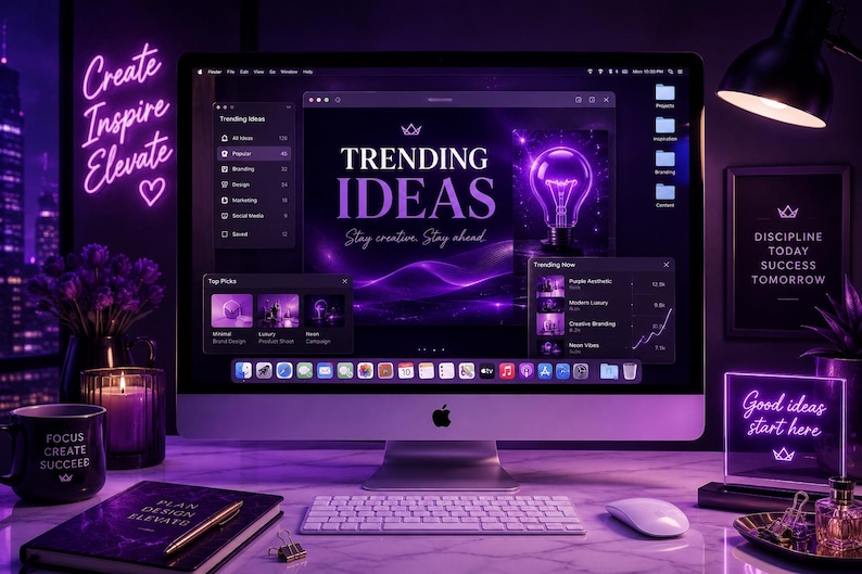 May include: A desktop computer displays "TRENDING IDEAS" with a lightbulb graphic. The desk includes a keyboard, mouse, notebook, and a mug that says "FOCUS CREATE SUCCEER". A neon sign reads "Create Inspire Elevate".