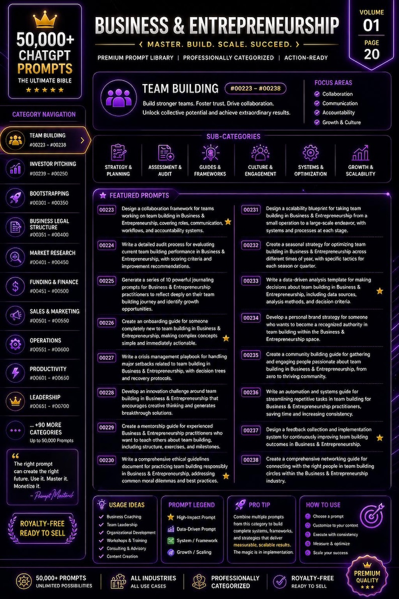 May include: A graphic for Business & Entrepreneurship with a dark background and purple accents. It features prompts for team building, sub-categories, and focus areas. Includes a "Royalty-Free Ready to Sell" seal.