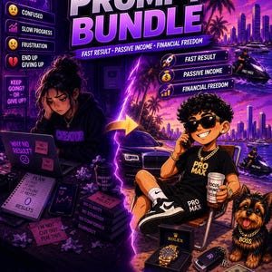 May include: Digital artwork advertising a 50000+ Prompt Bundle, showing a stressed individual and a successful person. Text includes "Fast Result, Passive Income, Financial Freedom". The image has a purple and black colour scheme.