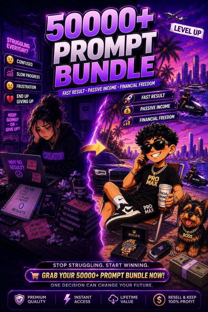 May include: Digital artwork advertising a 50000+ Prompt Bundle, showing a stressed individual and a successful person. Text includes "Fast Result, Passive Income, Financial Freedom". The image has a purple and black colour scheme.