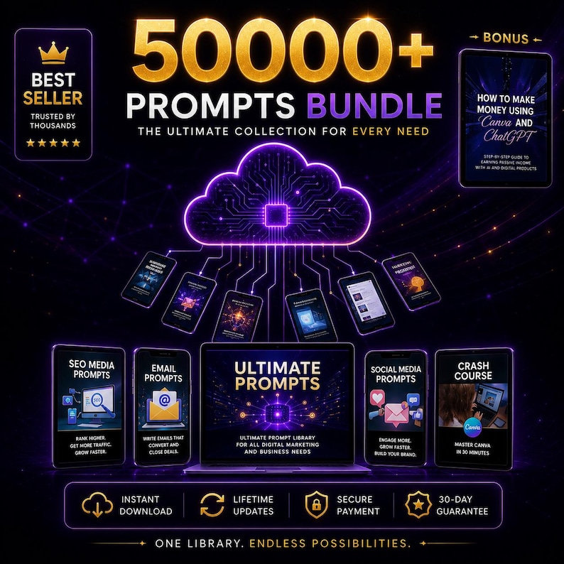 May include: An advertisement for a digital marketing bundle, featuring the text "50000+ Prompts Bundle." The image shows a laptop, smartphones, and tablets, all connected to a cloud graphic. The colour scheme is purple and gold.