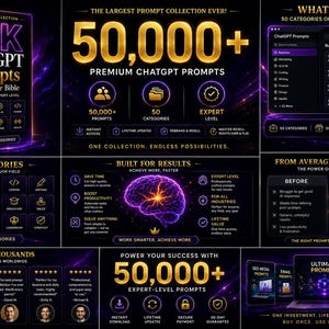 May include: A digital graphic advertising 50K ChatGPT prompts. The design features a dark background with gold and purple accents. Text includes "50,000+ Premium ChatGPT Prompts" and "The Ultimate Bible." It highlights 50 categories and expert-level prompts.